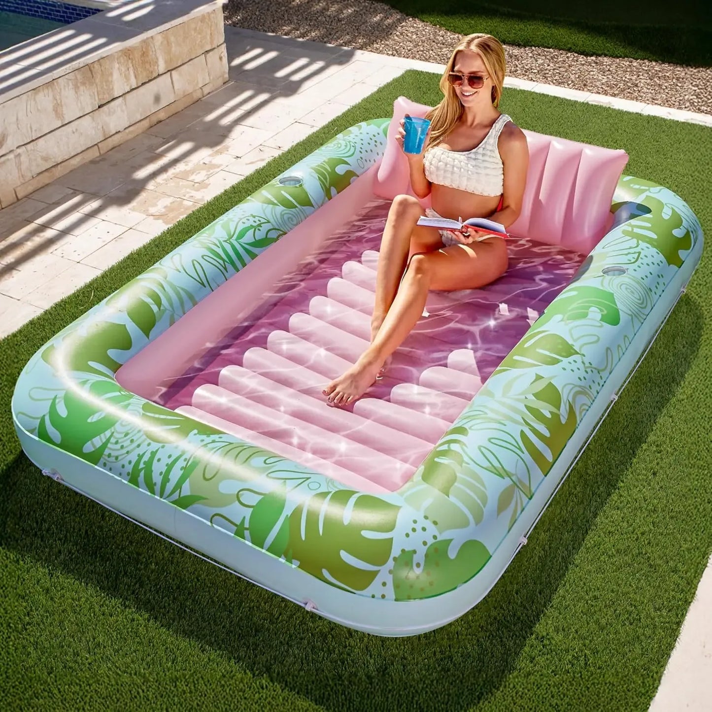 Sloosh-L/XL Inflatable Tanning Pool Lounge Float With Cup Holder, 70“X46”/85″ x 57″ Extra Large Pool Floats Adult with Pillow, 4 in 1 Suntan Tub Raft Floatie, Sunbathing Bed Lounge for Water Blow Up Kids Ball Pit Party Gifts, inflatable Sofa Summervibes