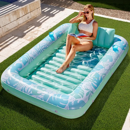 Sloosh-L/XL Inflatable Tanning Pool Lounge Float With Cup Holder, 70“X46”/85″ x 57″ Extra Large Pool Floats Adult with Pillow, 4 in 1 Suntan Tub Raft Floatie, Sunbathing Bed Lounge for Water Blow Up Kids Ball Pit Party Gifts, inflatable Sofa Summervibes