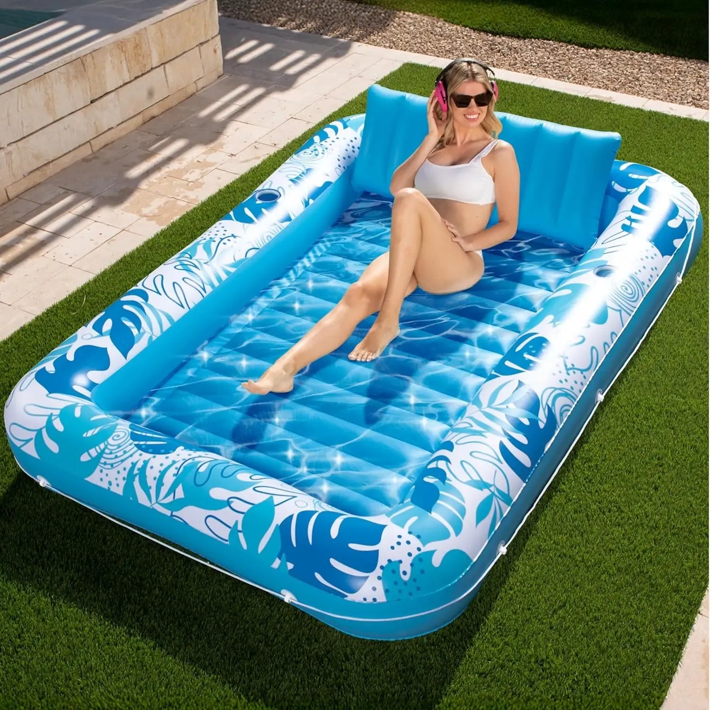 Sloosh-L/XL Inflatable Tanning Pool Lounge Float With Cup Holder, 70“X46”/85″ x 57″ Extra Large Pool Floats Adult with Pillow, 4 in 1 Suntan Tub Raft Floatie, Sunbathing Bed Lounge for Water Blow Up Kids Ball Pit Party Gifts, inflatable Sofa Summervibes