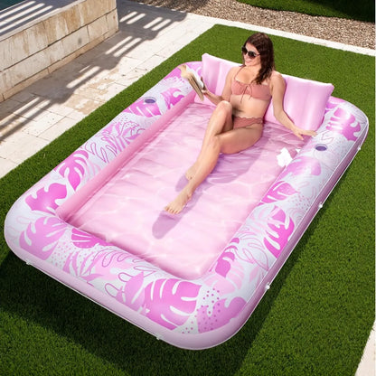 Sloosh-L/XL Inflatable Tanning Pool Lounge Float With Cup Holder, 70“X46”/85″ x 57″ Extra Large Pool Floats Adult with Pillow, 4 in 1 Suntan Tub Raft Floatie, Sunbathing Bed Lounge for Water Blow Up Kids Ball Pit Party Gifts, inflatable Sofa Summervibes