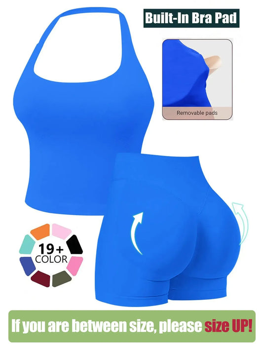 Seamless Workout Sets for Women, Halter Tank Top & Gym Scrunched Shorts Sports Set, Activewear Fitness, Sporty Breathable Quick Drying Outfits for Yoga Gym Workout Running, Ladies Sportswear for Summer