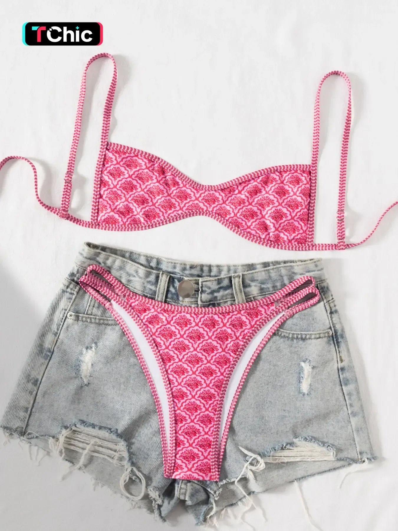 Two-Piece Set Women's Floral Print Bikini Set, Casual Fashion Chic Swimsuit Set for Beach Holiday Vacation, Ladies Summer Clothes