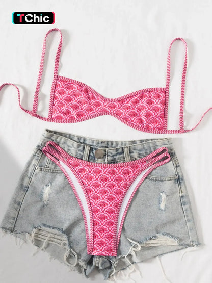 Two-Piece Set Women's Floral Print Bikini Set, Casual Fashion Chic Swimsuit Set for Beach Holiday Vacation, Ladies Summer Clothes