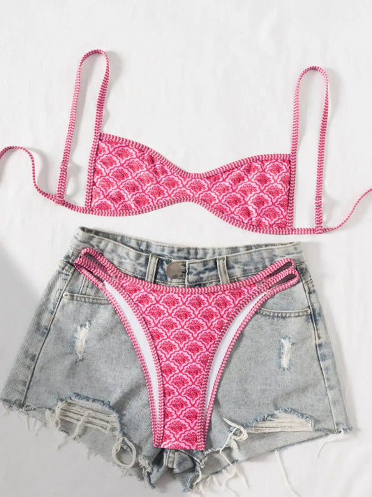 Two-Piece Set Women's Floral Print Bikini Set, Casual Fashion Chic Swimsuit Set for Beach Holiday Vacation, Ladies Summer Clothes