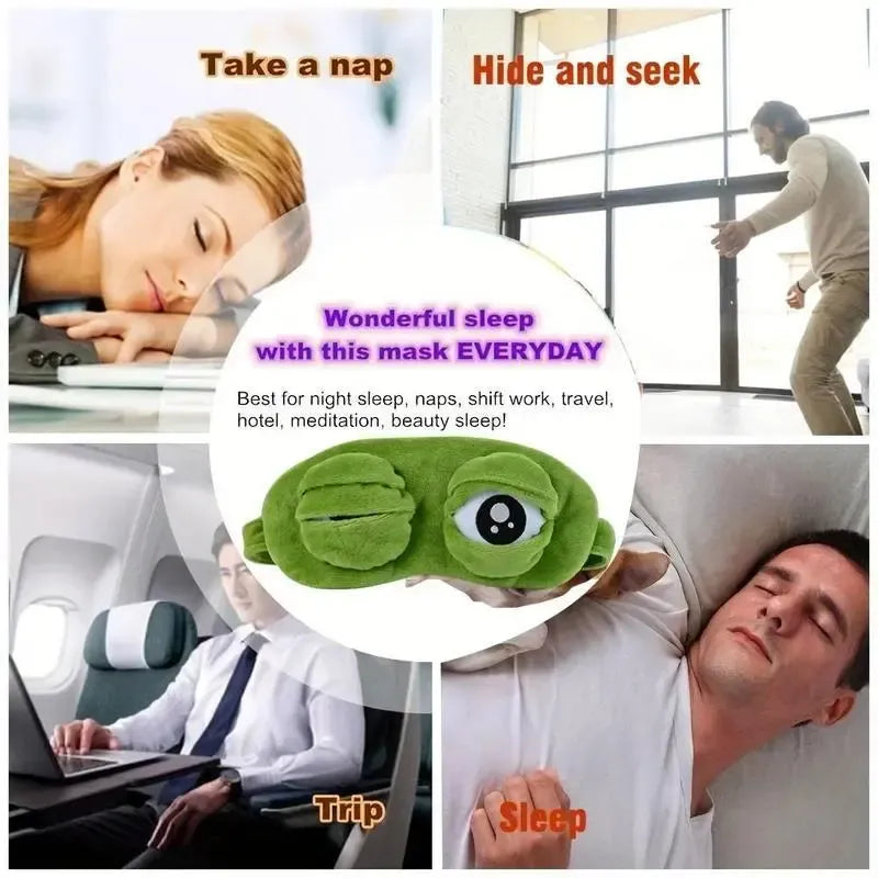 Frog Sleep Mask — A stylish, shimmering sleep mask featuring an adorable "Sad Frog" design. This fun, plush eye mask is perfect for travel, yoga, napping, and light-blocking; its soft cotton lining gently cares for sensitive skin.