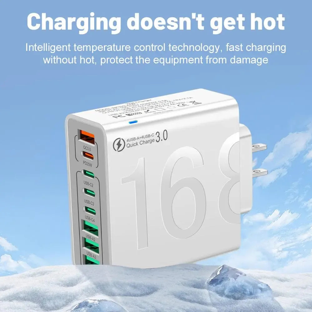 4 USB-C & 4 USB-A Fast Charging USB Hub PortableSmart 8port Charger for Multiple Devices SmartCharger for Phones, Tablets & More