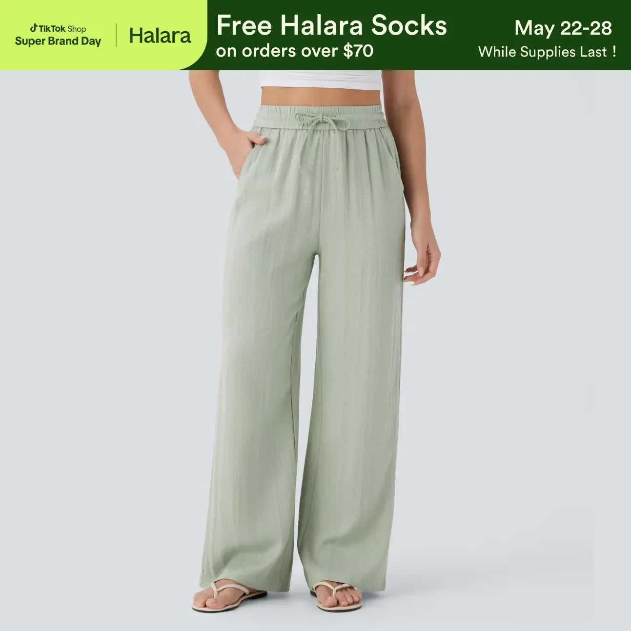 Halara High Waisted Drawstring Pocket Wide Leg Casual Linen-Feel Pants #SwimWeek