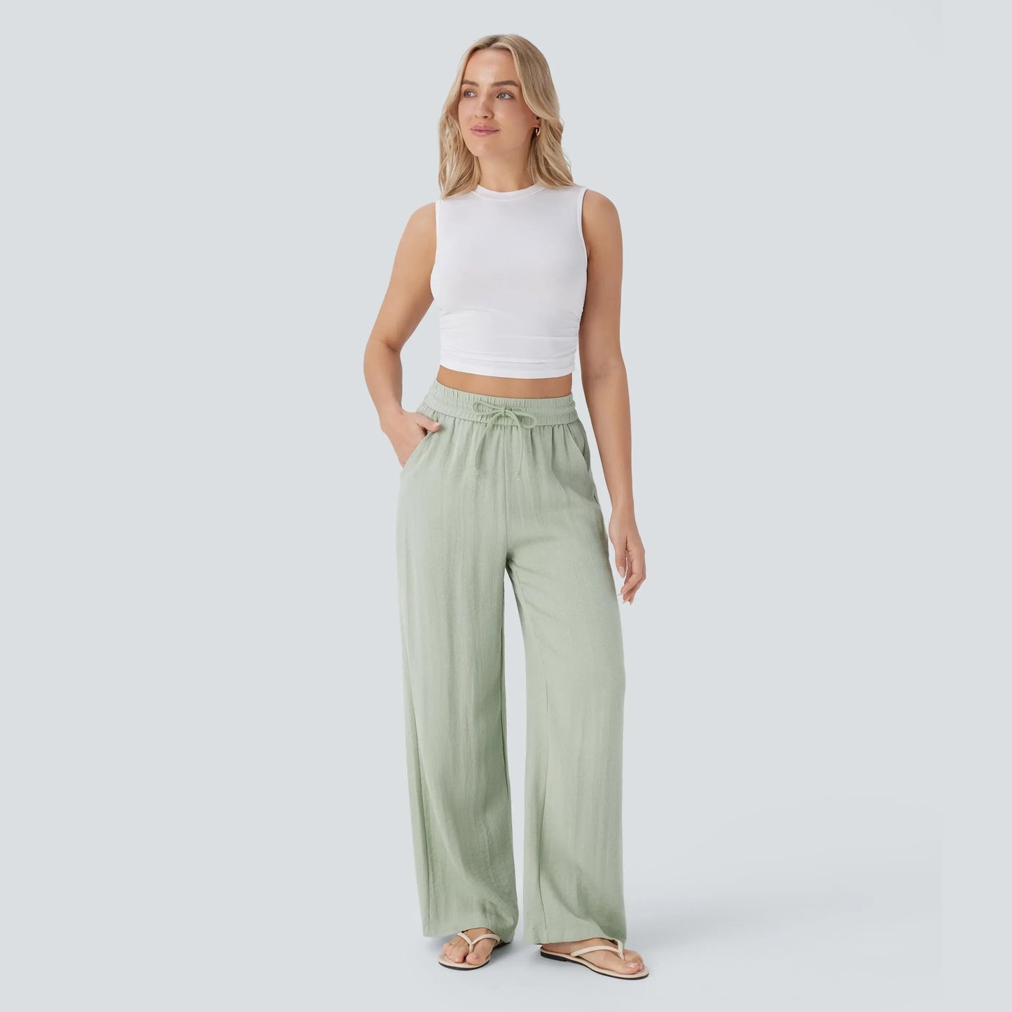 Halara High Waisted Drawstring Pocket Wide Leg Casual Linen-Feel Pants #SwimWeek