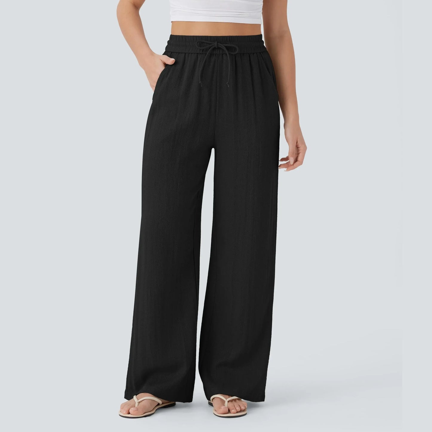 Halara High Waisted Drawstring Pocket Wide Leg Casual Linen-Feel Pants #SwimWeek
