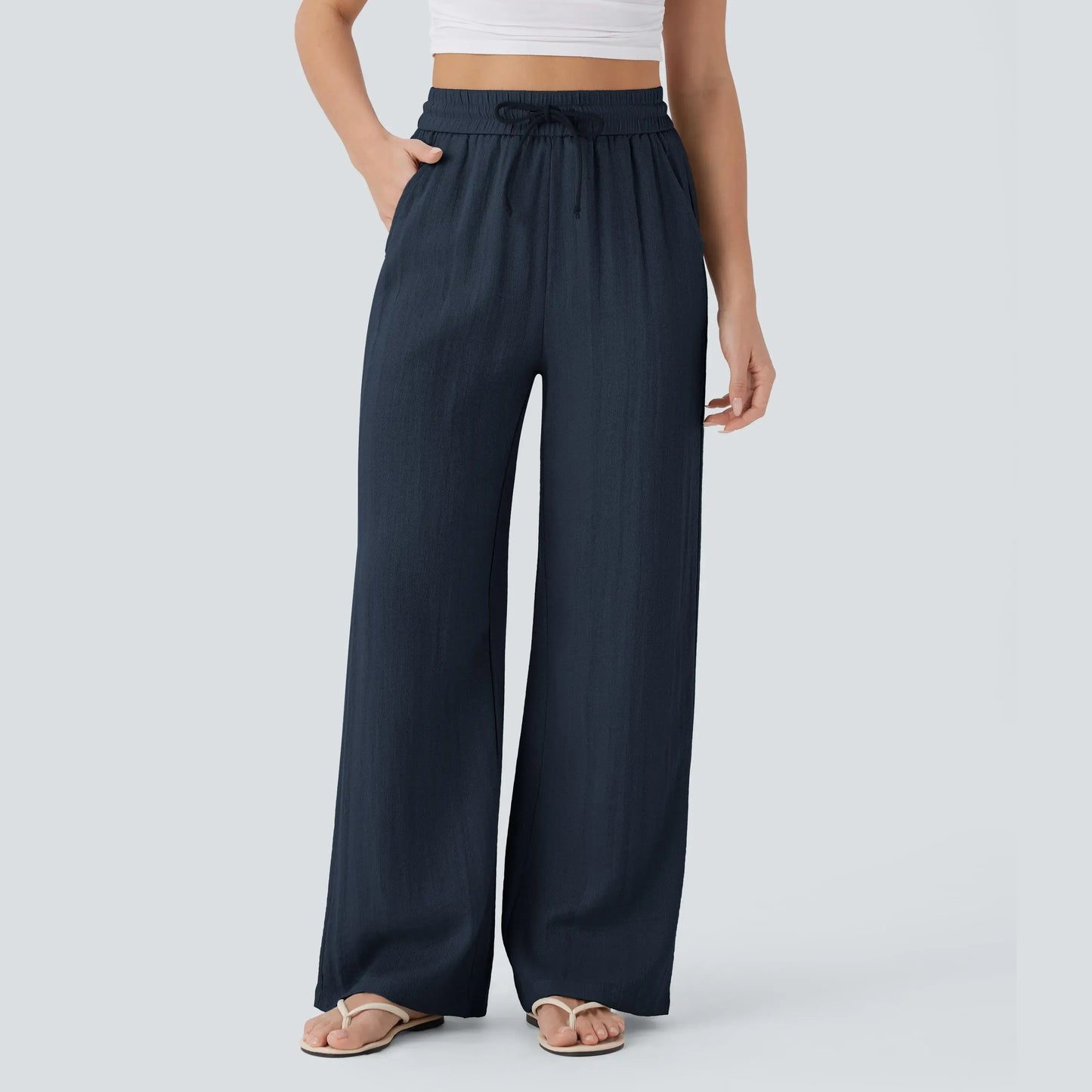 Halara High Waisted Drawstring Pocket Wide Leg Casual Linen-Feel Pants #SwimWeek