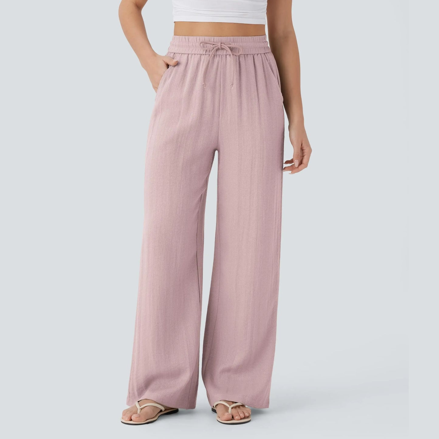 Halara High Waisted Drawstring Pocket Wide Leg Casual Linen-Feel Pants #SwimWeek