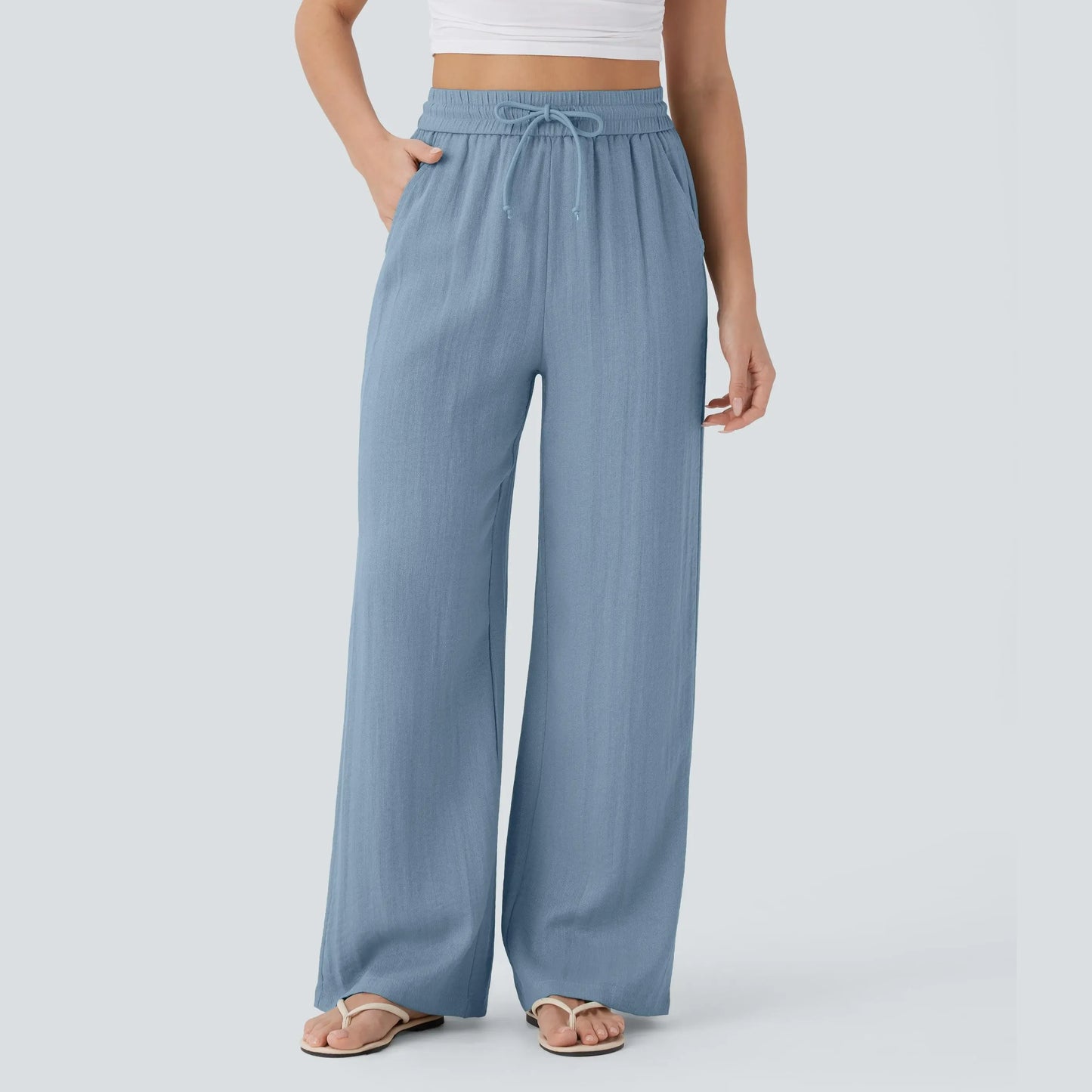 Halara High Waisted Drawstring Pocket Wide Leg Casual Linen-Feel Pants #SwimWeek