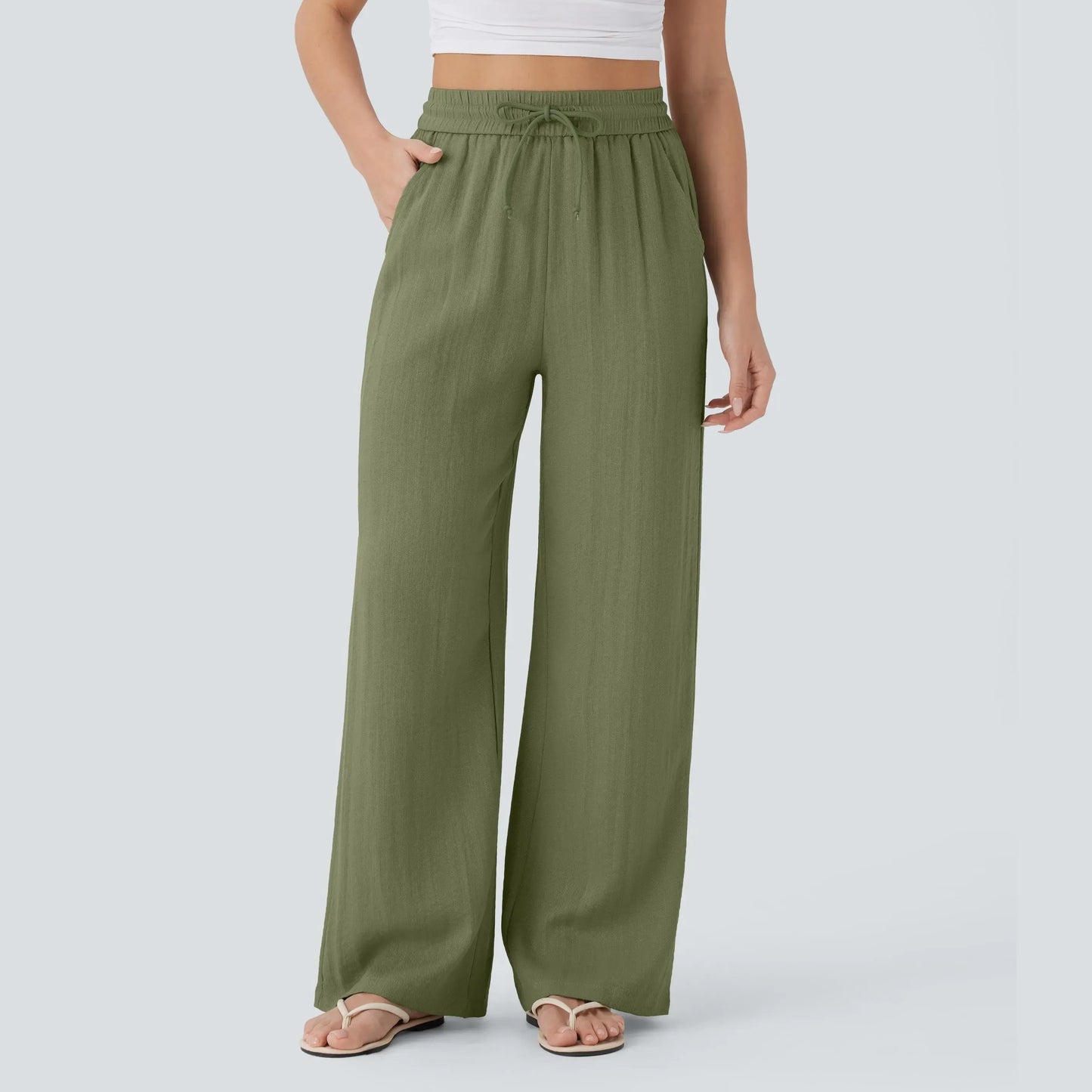 Halara High Waisted Drawstring Pocket Wide Leg Casual Linen-Feel Pants #SwimWeek