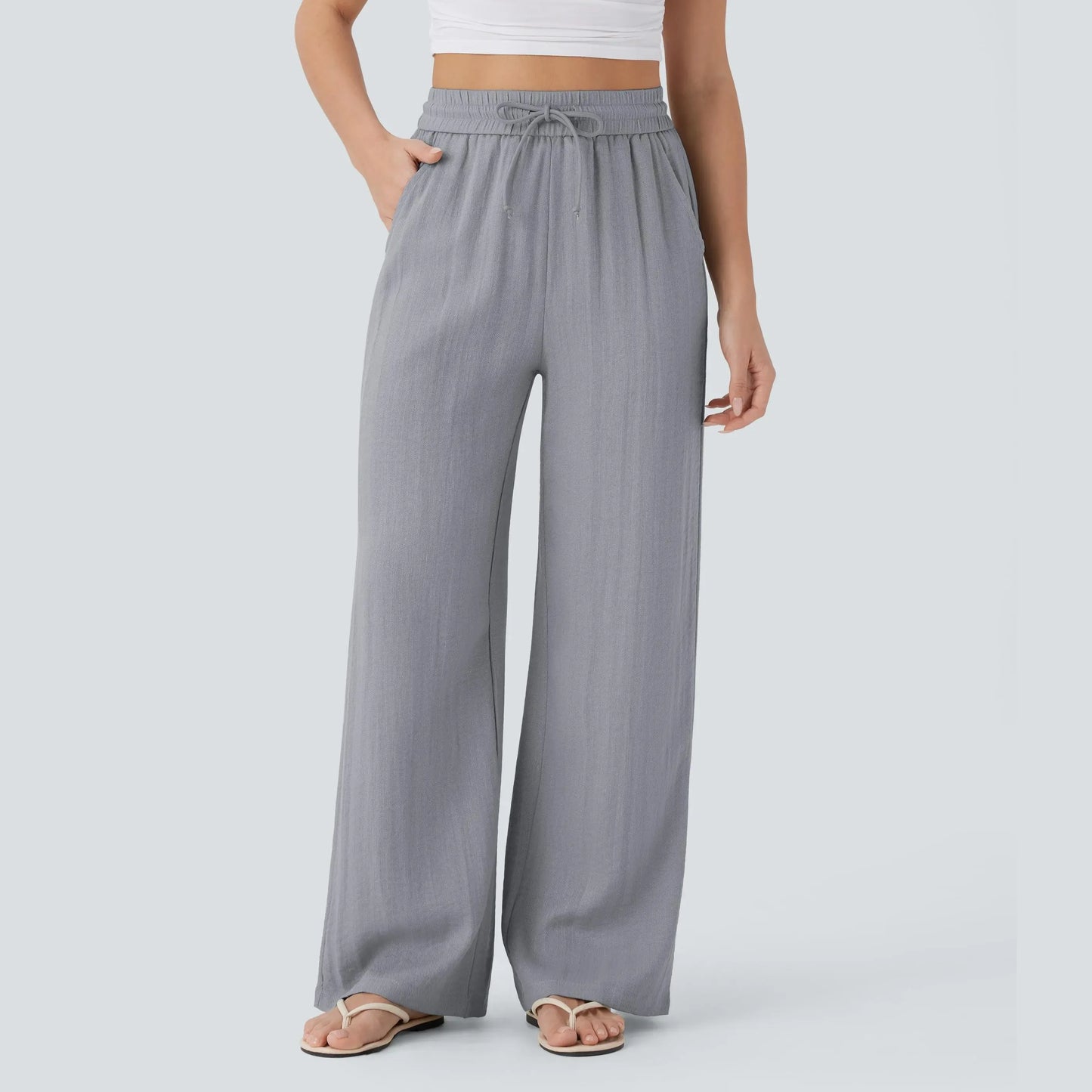 Halara High Waisted Drawstring Pocket Wide Leg Casual Linen-Feel Pants #SwimWeek