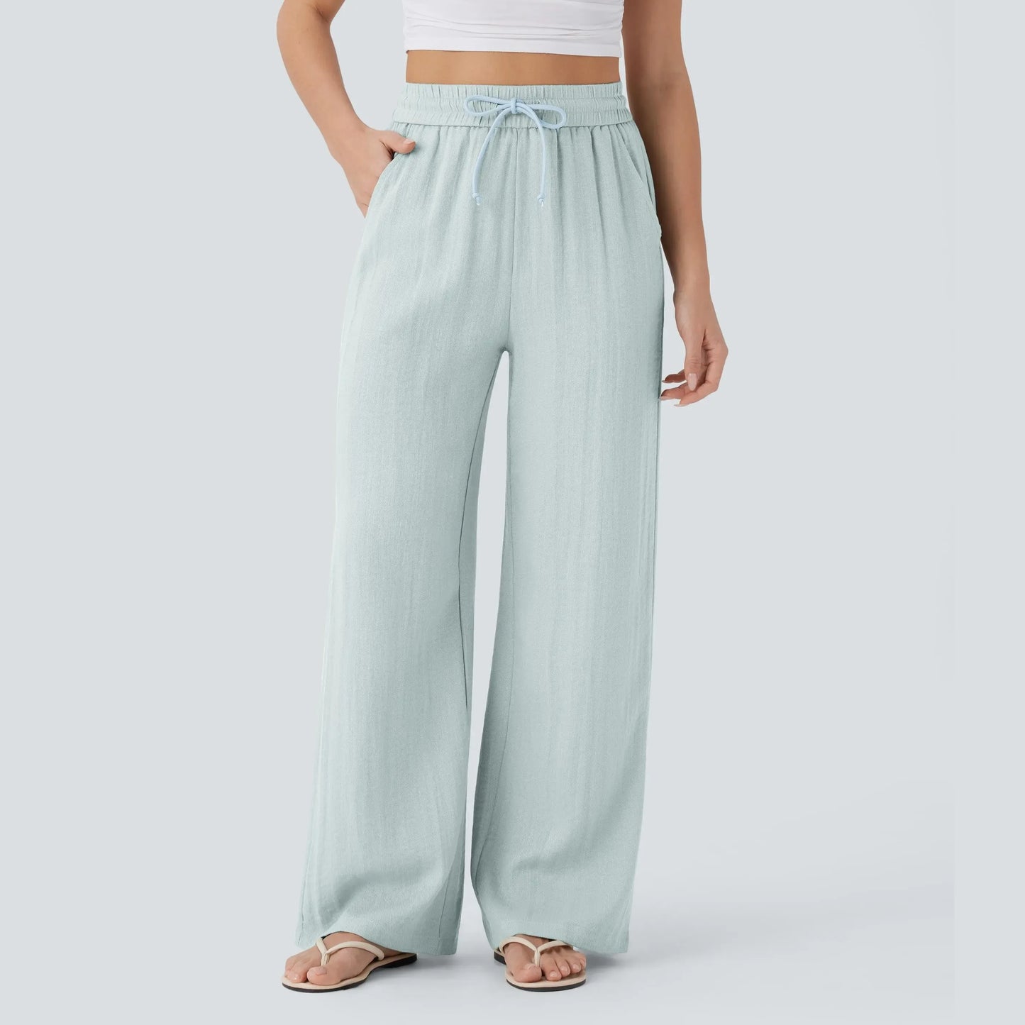 Halara High Waisted Drawstring Pocket Wide Leg Casual Linen-Feel Pants #SwimWeek