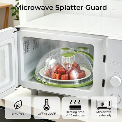Upgraded Foldable Microwave Splatter Cover with Dual Water Steamer, 10 Inch Clear Vented Food Lid with Handle, Anti-Splatter Microwave Cover for Moisture-Rich Heating, Kitchen Gadget
