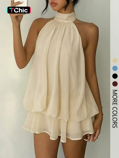 Women's Simple Solid Backless Halter One-Piece Romper, Elegant Ruffle Design, Perfect for Casual Wear, All Seasons Fashion, Womenswear