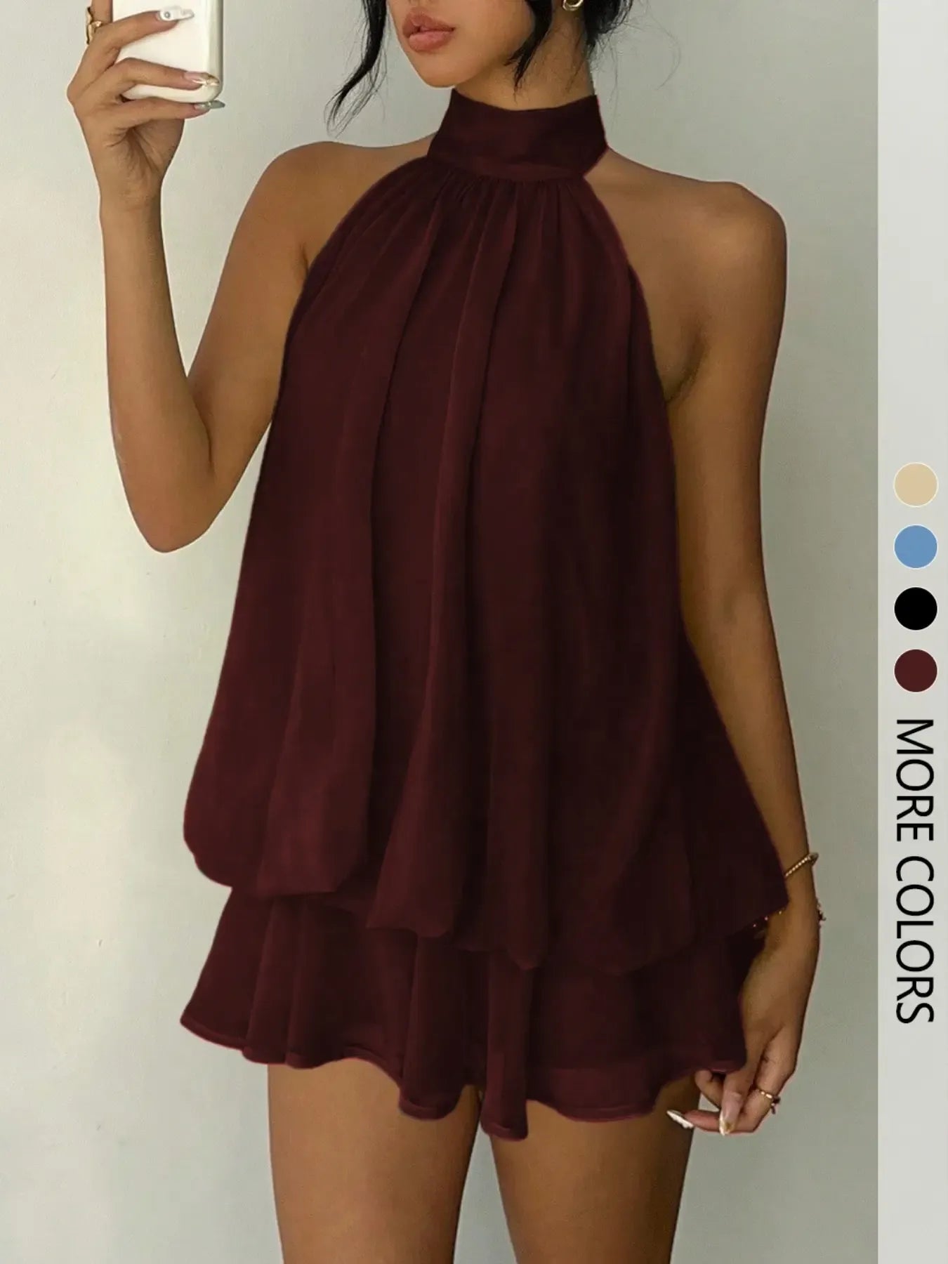 Women's Simple Solid Backless Halter One-Piece Romper, Elegant Ruffle Design, Perfect for Casual Wear, All Seasons Fashion, Womenswear