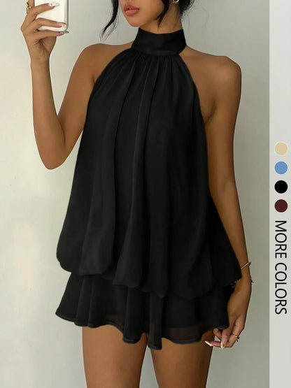 Women's Simple Solid Backless Halter One-Piece Romper, Elegant Ruffle Design, Perfect for Casual Wear, All Seasons Fashion, Womenswear