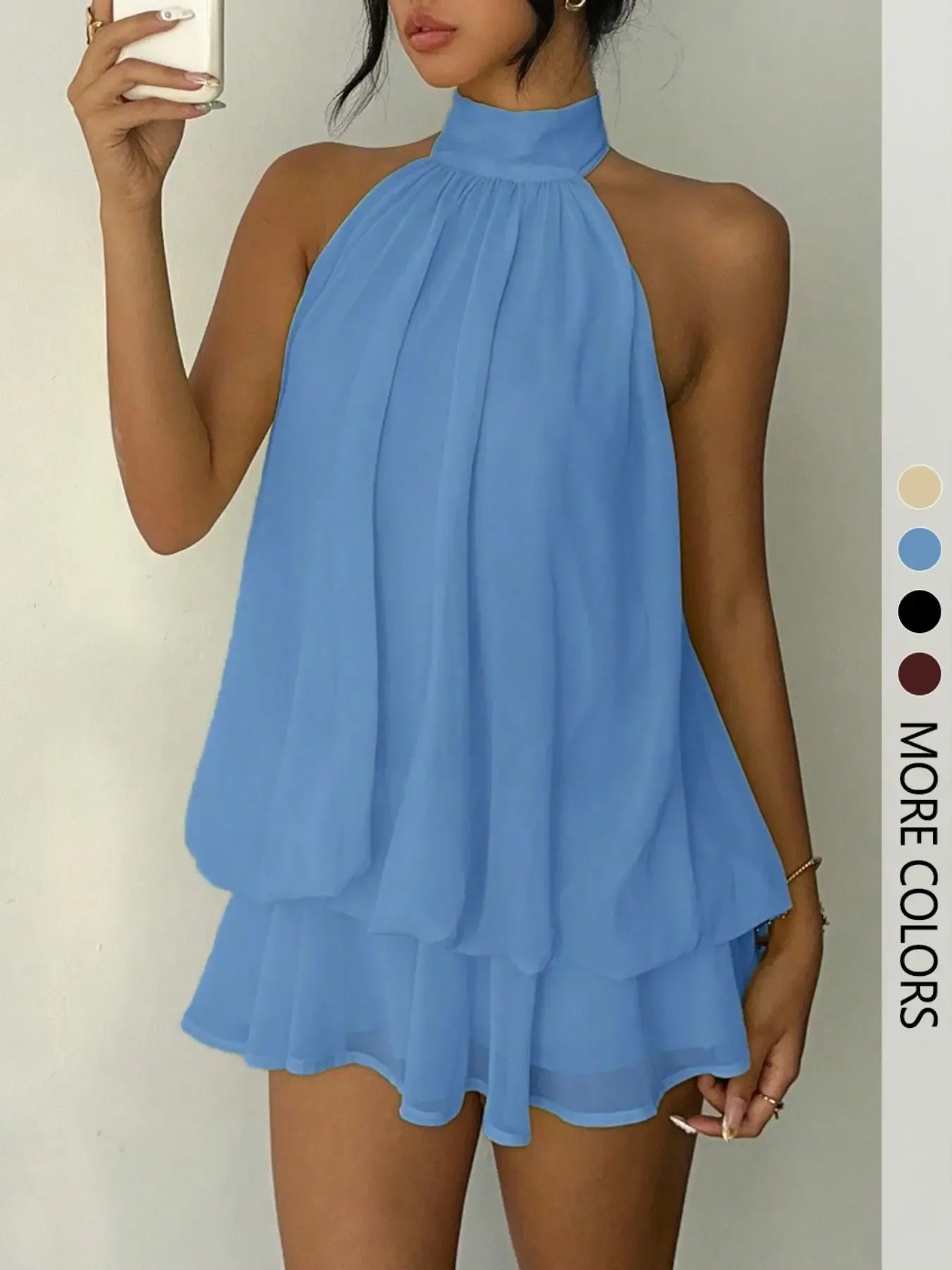 Women's Simple Solid Backless Halter One-Piece Romper, Elegant Ruffle Design, Perfect for Casual Wear, All Seasons Fashion, Womenswear