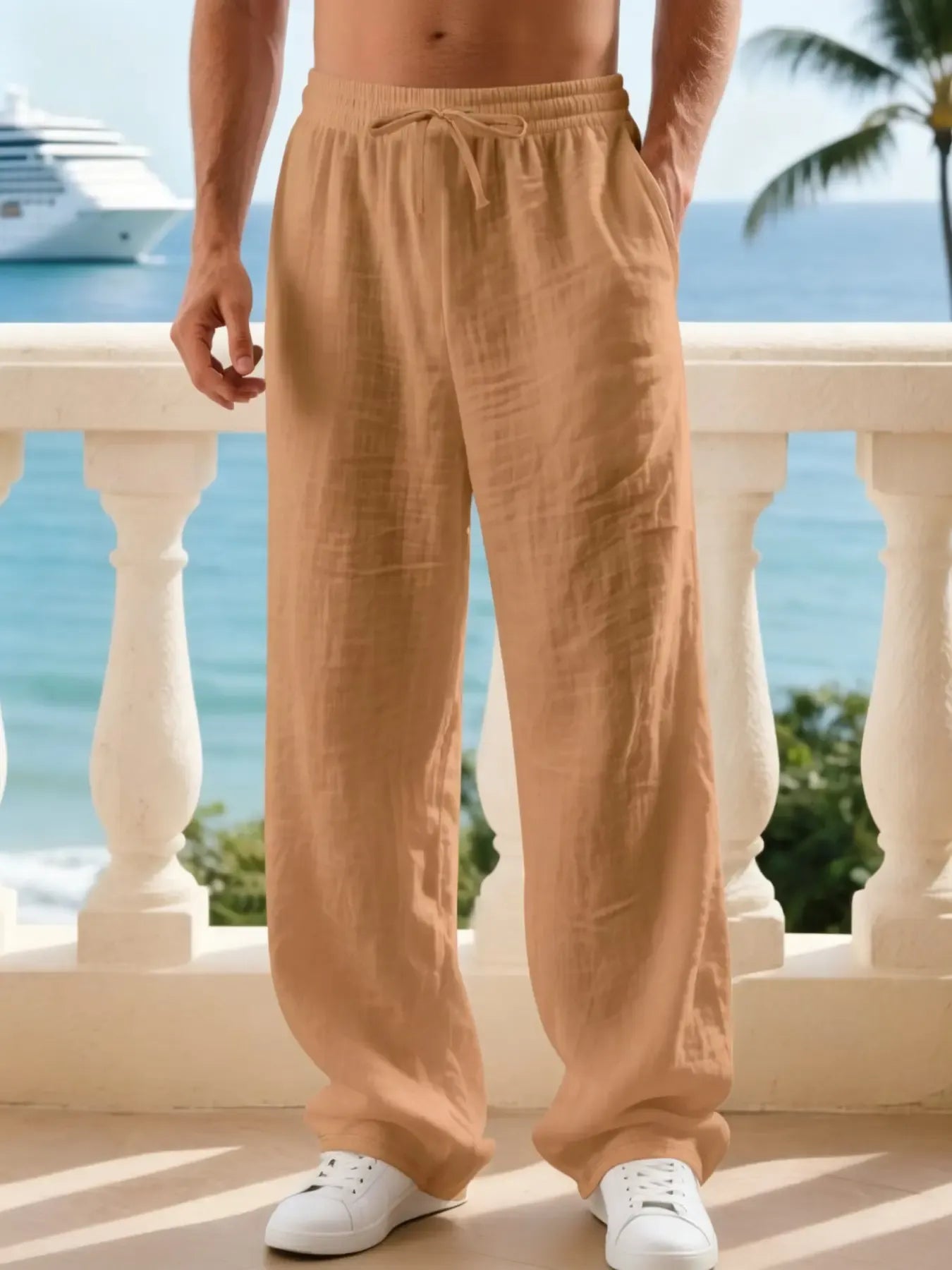 Men's Linen Classic Casual Straight Leg Pants, Breathable Comfortable Fashion Long Trousers, Perfect for Outdoor Travel Vacation Daily Wear Clothes