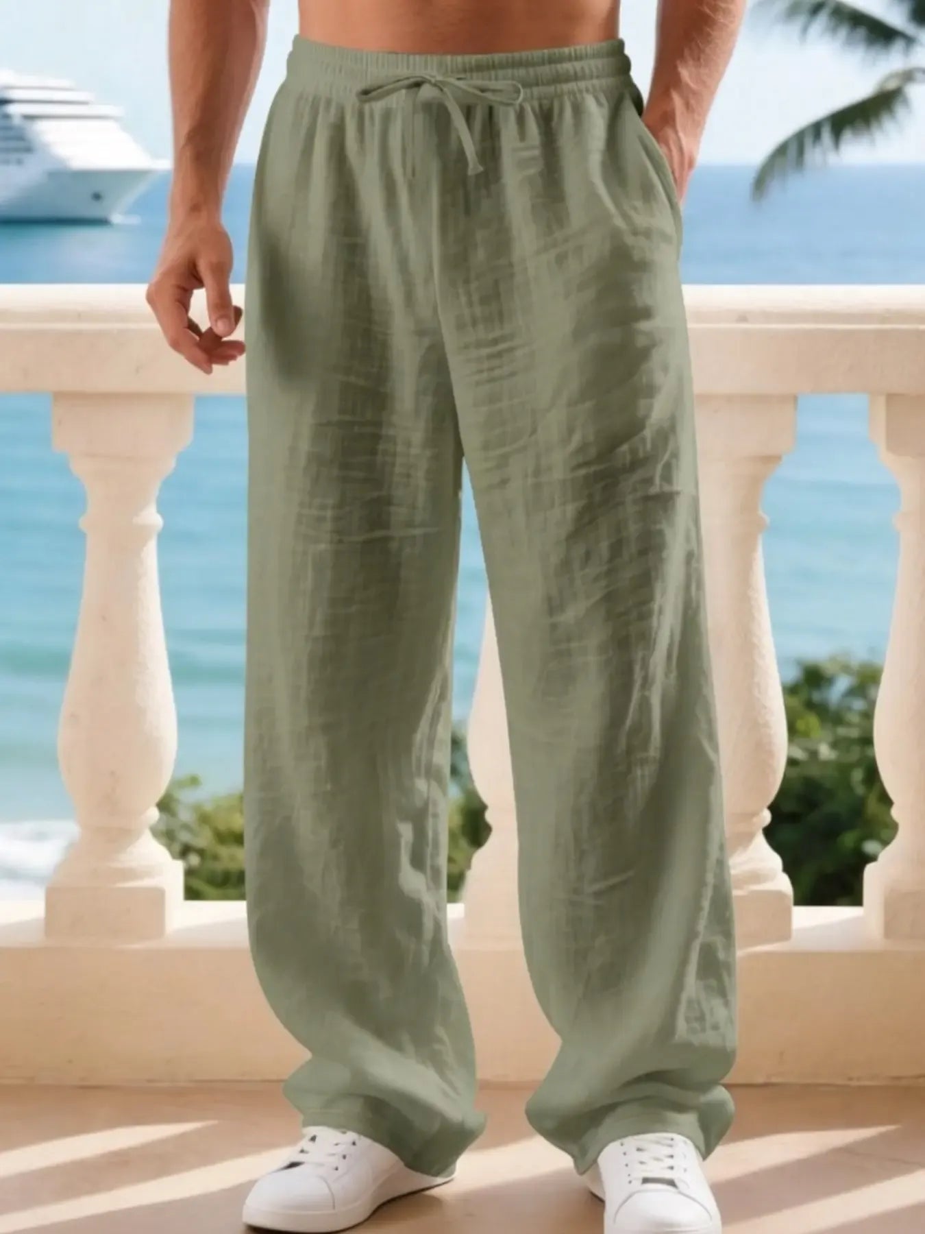 Men's Linen Classic Casual Straight Leg Pants, Breathable Comfortable Fashion Long Trousers, Perfect for Outdoor Travel Vacation Daily Wear Clothes
