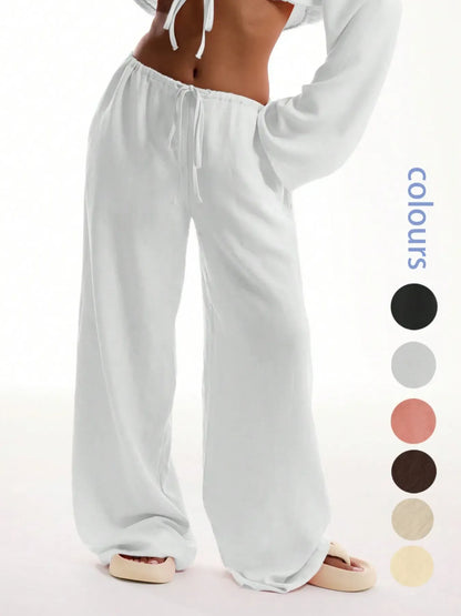 Women's Solid Basic Pocket Pants, Casual Comfy Wide Leg Woven Trousers for Beach Vacation Holiday, Ladies Bottoms for All Seasons, Baggy Legged Pants, Fit, Womenswear