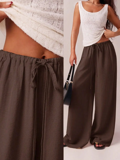 Women's Solid Basic Pocket Pants, Casual Comfy Wide Leg Woven Trousers for Beach Vacation Holiday, Ladies Bottoms for All Seasons, Baggy Legged Pants, Fit, Womenswear
