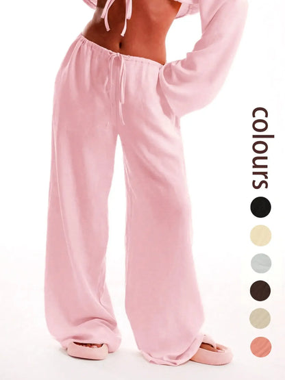 Women's Solid Basic Pocket Pants, Casual Comfy Wide Leg Woven Trousers for Beach Vacation Holiday, Ladies Bottoms for All Seasons, Baggy Legged Pants, Fit, Womenswear