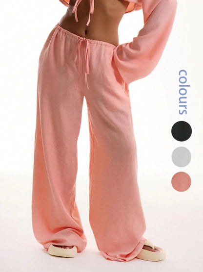 Women's Solid Basic Pocket Pants, Casual Comfy Wide Leg Woven Trousers for Beach Vacation Holiday, Ladies Bottoms for All Seasons, Baggy Legged Pants, Fit, Womenswear