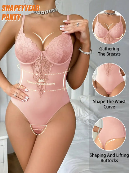 Women's Lace Post-Surgery Shapewear, Padded Sexy One-Piece Underwear, Elegant Chic Back Button Bodysuit, Steel Boning Support