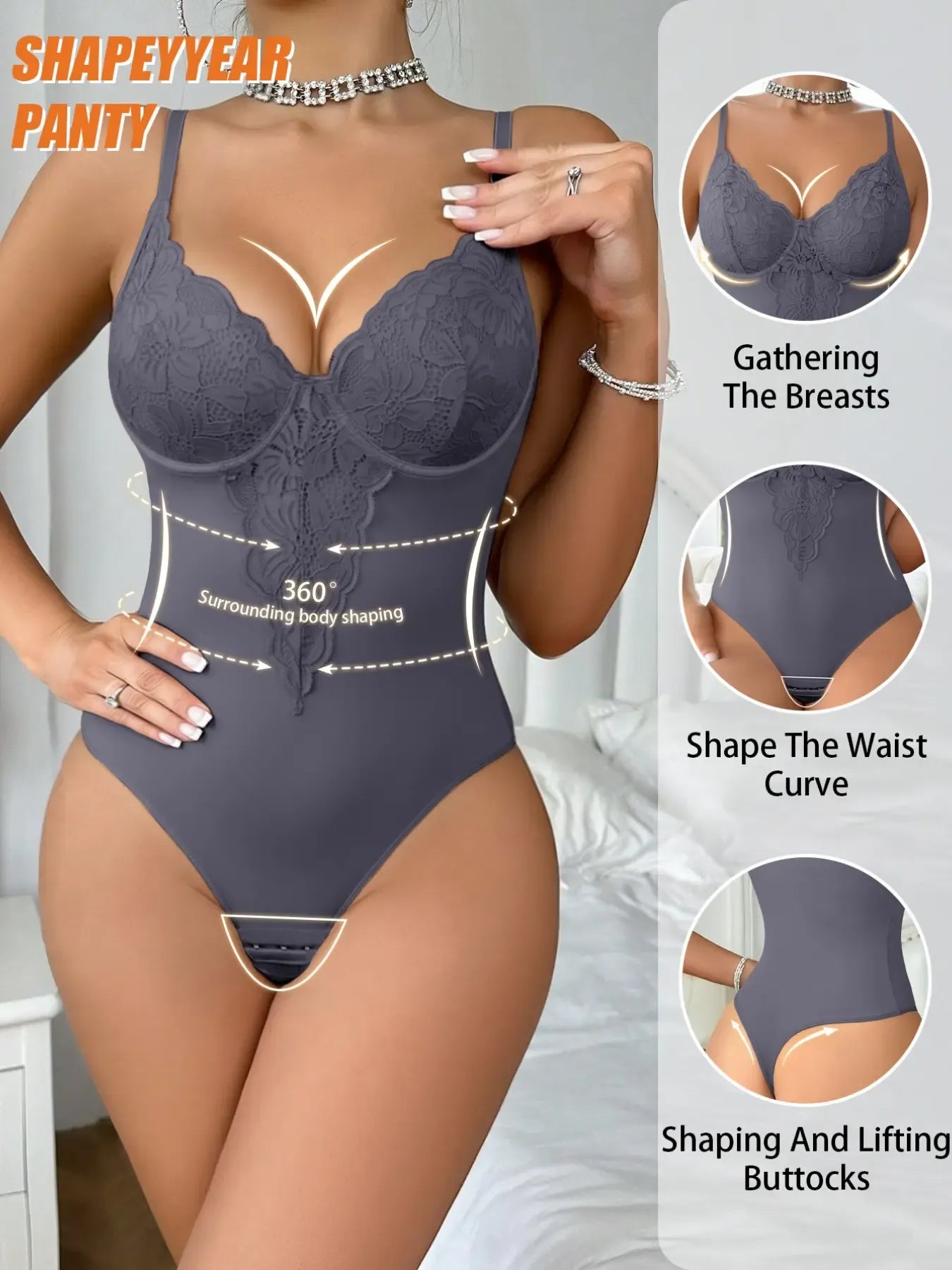 Women's Lace Post-Surgery Shapewear, Padded Sexy One-Piece Underwear, Elegant Chic Back Button Bodysuit, Steel Boning Support