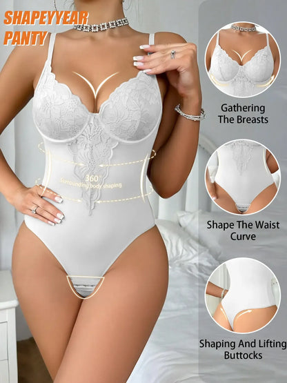 Women's Lace Post-Surgery Shapewear, Padded Sexy One-Piece Underwear, Elegant Chic Back Button Bodysuit, Steel Boning Support
