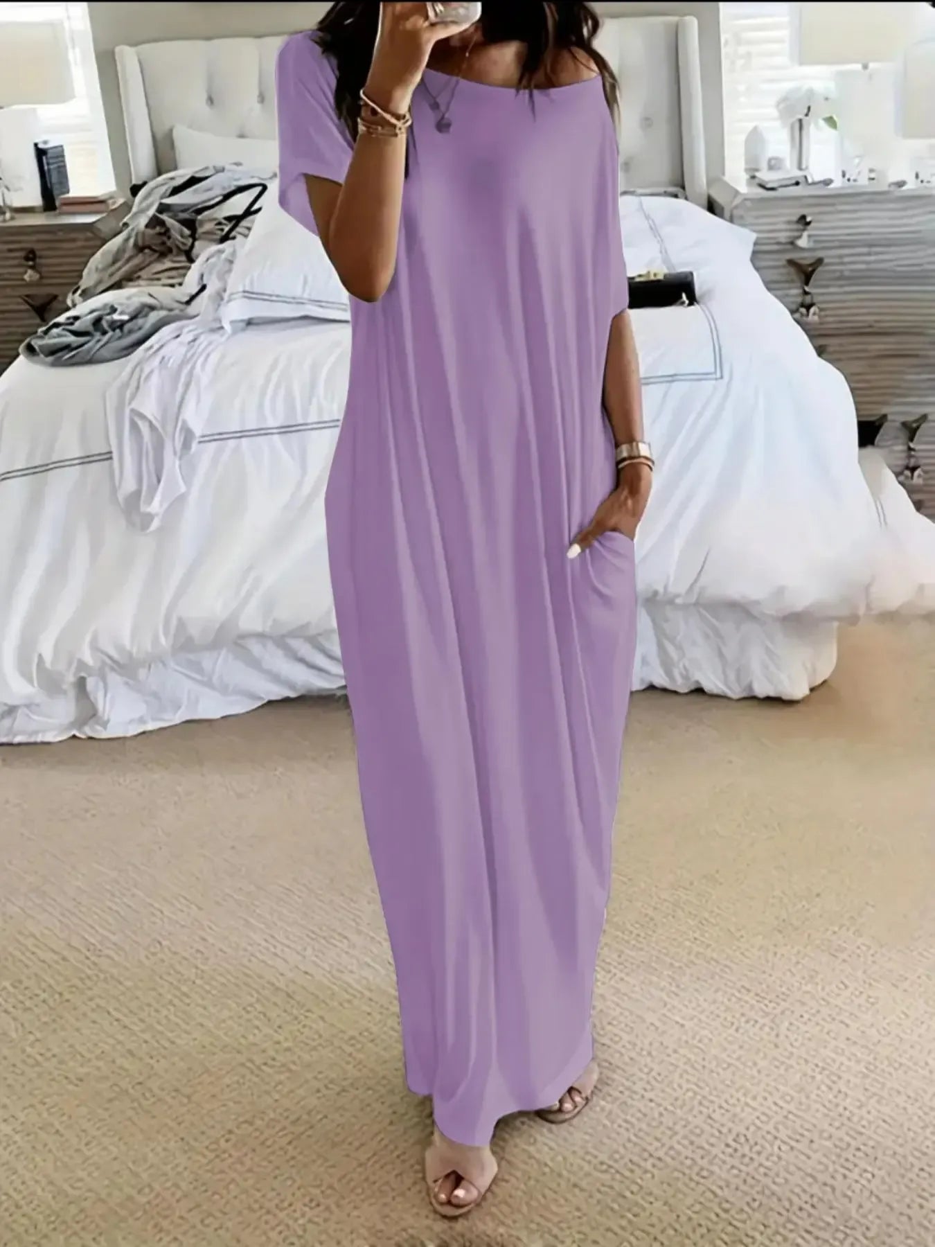 Women's Solid Color Batwing Sleeve Lounge Dress, Casual Comfy Short Sleeve Nightdress for Daily Wear, Ladies Loungewear Sleepwear for All Seasons, Womenswear