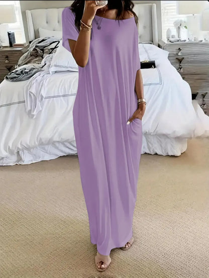 Women's Solid Color Batwing Sleeve Lounge Dress, Casual Comfy Short Sleeve Nightdress for Daily Wear, Ladies Loungewear Sleepwear for All Seasons, Womenswear