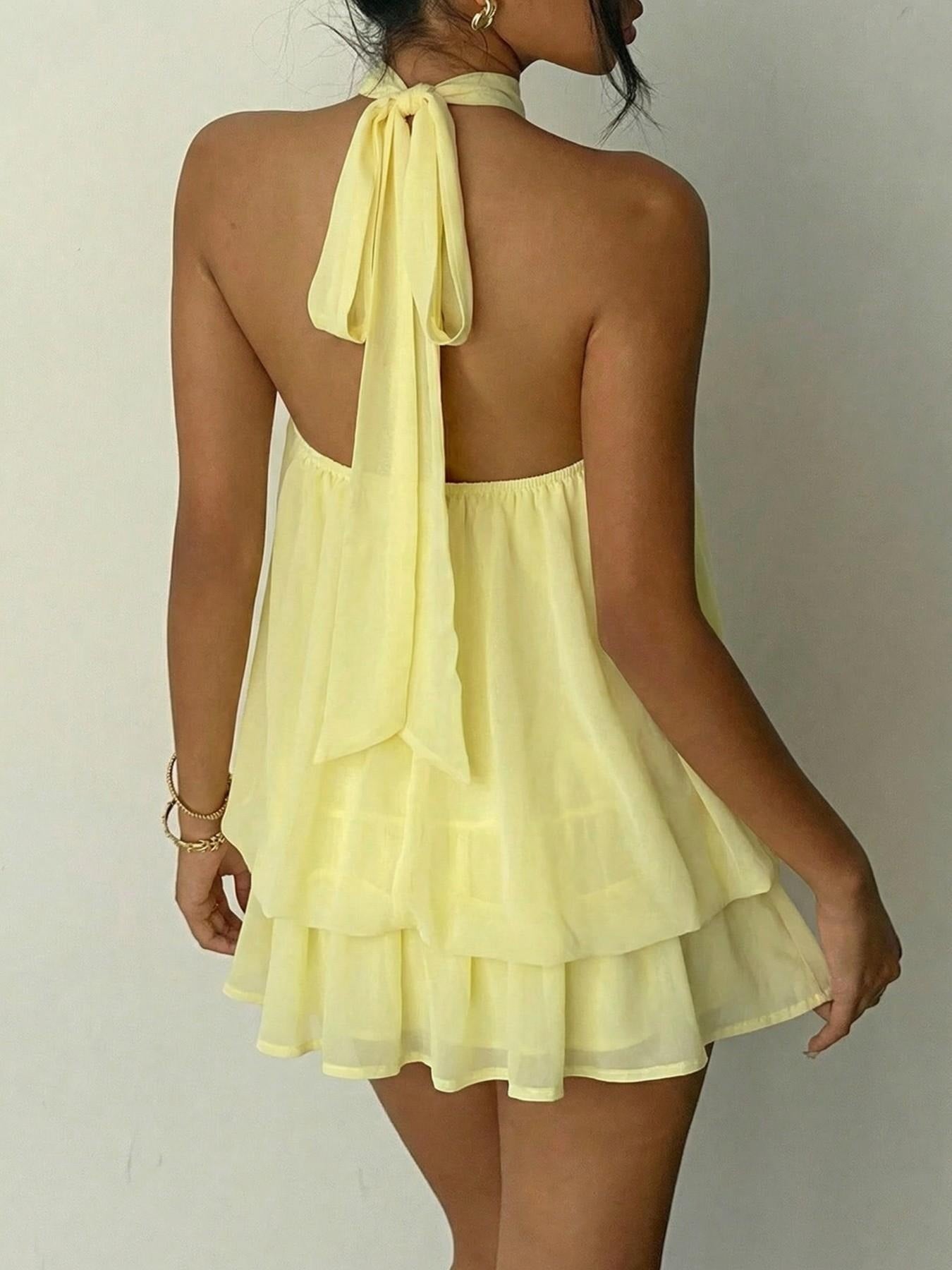 Women's Summer Fashion Party Halter Neck Tie Back Mini Dress