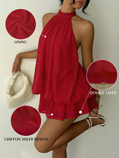 Women's Summer Fashion Party Halter Neck Tie Back Mini Dress