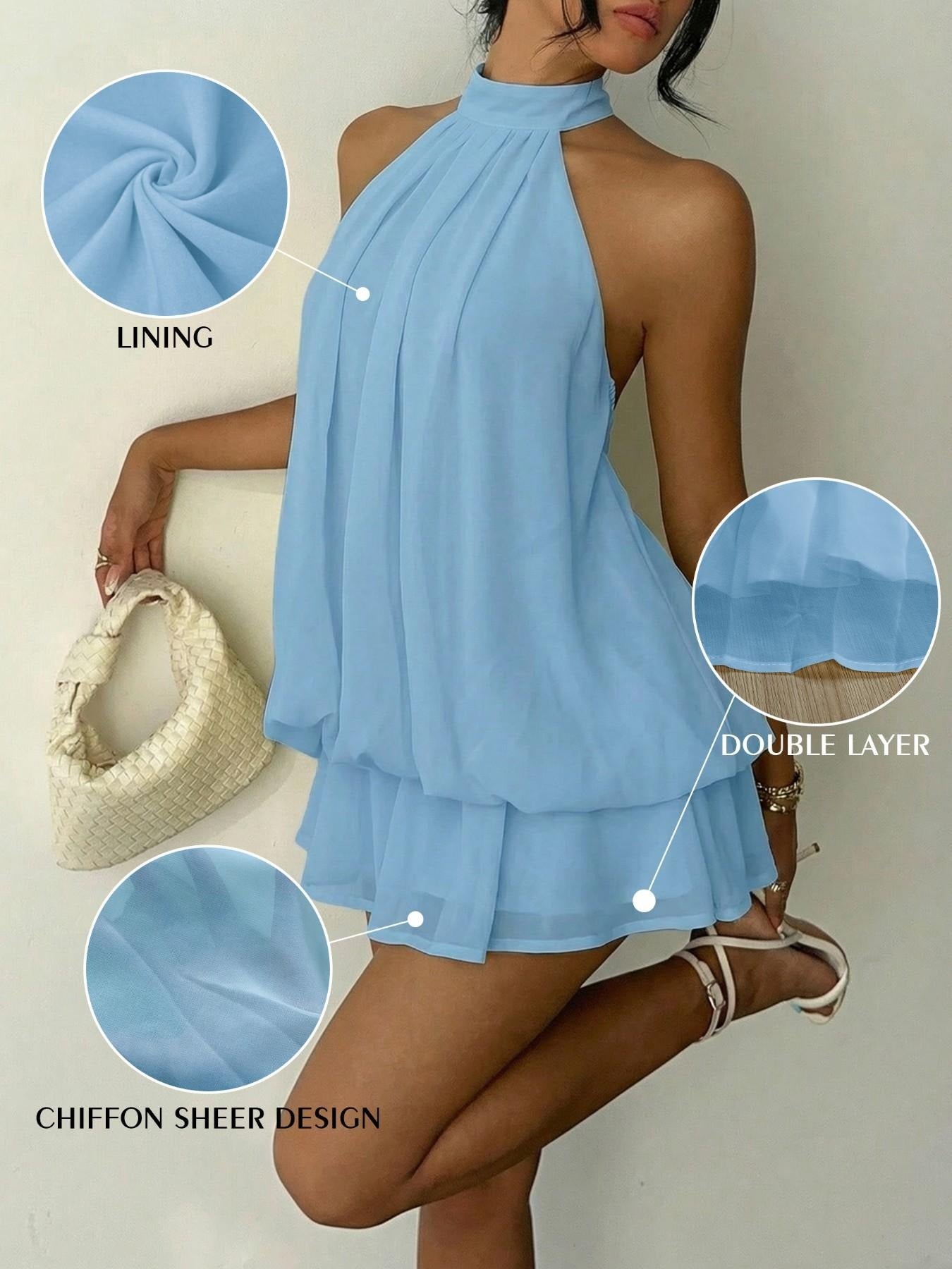 Women's Summer Fashion Party Halter Neck Tie Back Mini Dress