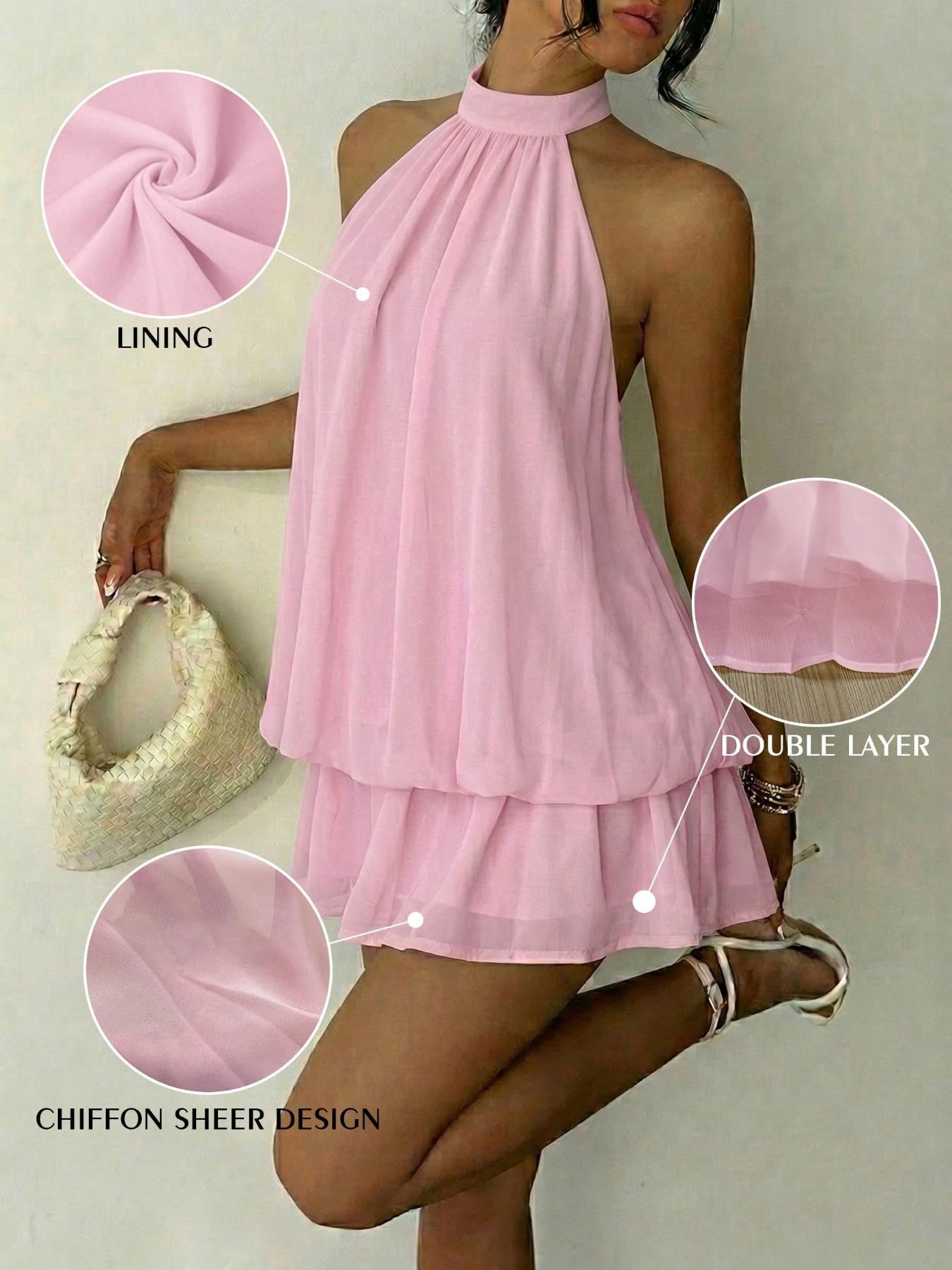 Women's Summer Fashion Party Halter Neck Tie Back Mini Dress