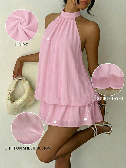 Women's Summer Fashion Party Halter Neck Tie Back Mini Dress