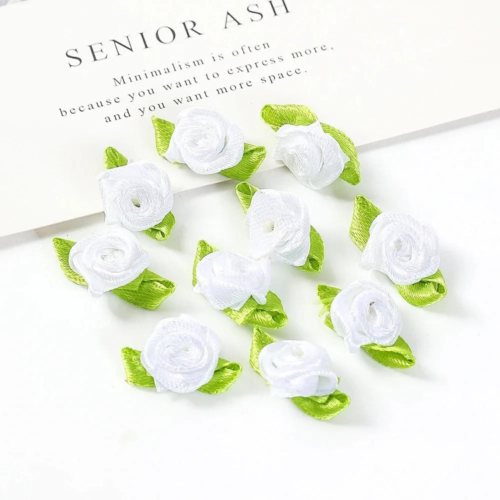 50/100PCS Mini Handmade Rose Flower Satin Ribbon Rosettes Fabric Appliques For DIY Wedding Decoration Craft Sewing Accessories