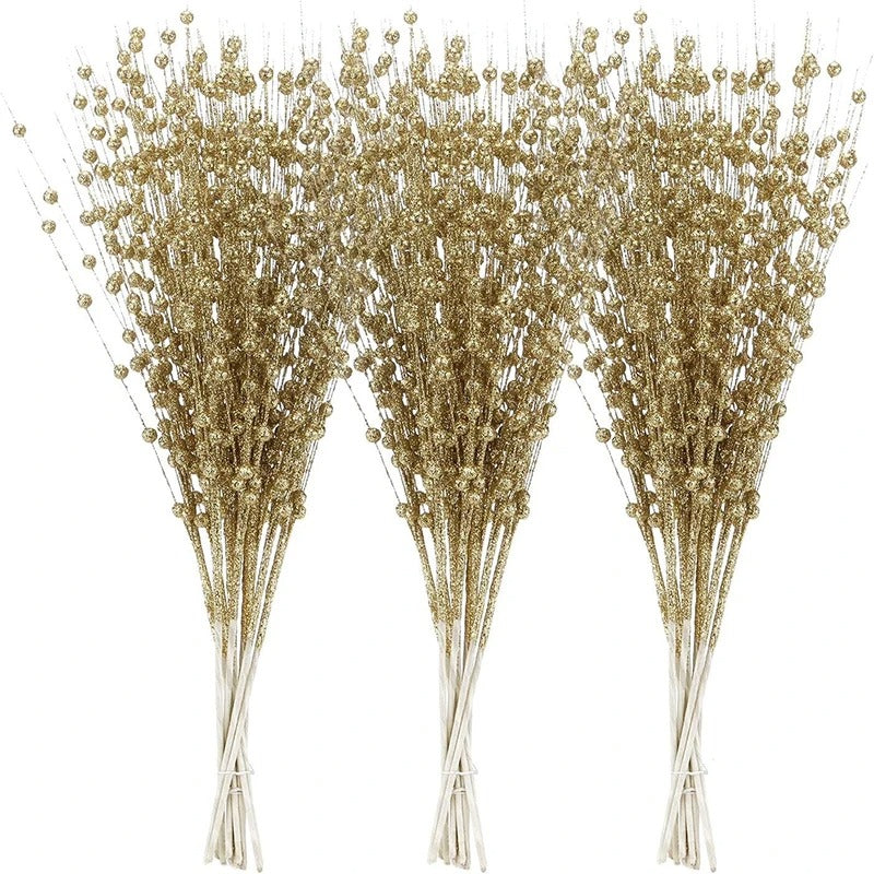 2Pcs 43cm Foam Artificial Flowers Golden Glitter Christmas Berries Bouquet Home Christmas Wedding Decor Table Wreath DIY Crafts