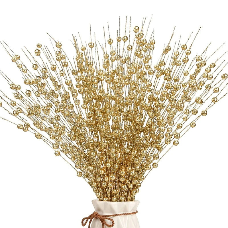 2Pcs 43cm Foam Artificial Flowers Golden Glitter Christmas Berries Bouquet Home Christmas Wedding Decor Table Wreath DIY Crafts