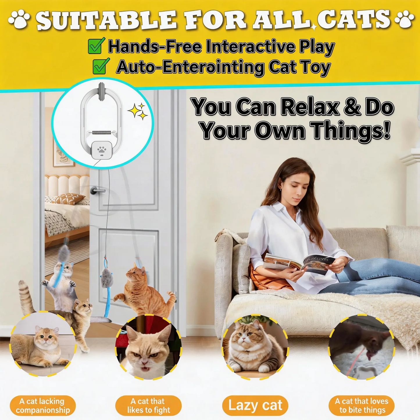 Electric Cat Teaser, Rechargeable Door-Mounted Interactive Cat Toy—For Indoor Use Only, Two Fun Exercise Modes,