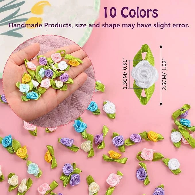 50/100PCS Mini Handmade Rose Flower Satin Ribbon Rosettes Fabric Appliques For DIY Wedding Decoration Craft Sewing Accessories