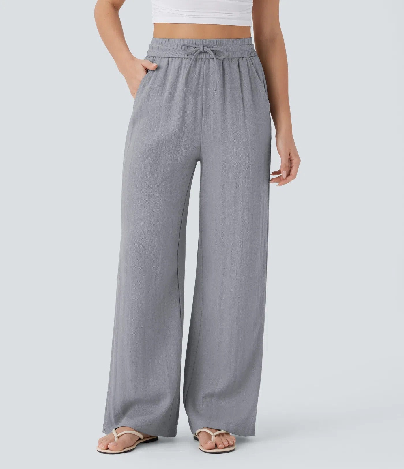 Halara High Waisted Drawstring Pocket Wide Leg Casual Linen-Feel Pants #SwimWeek