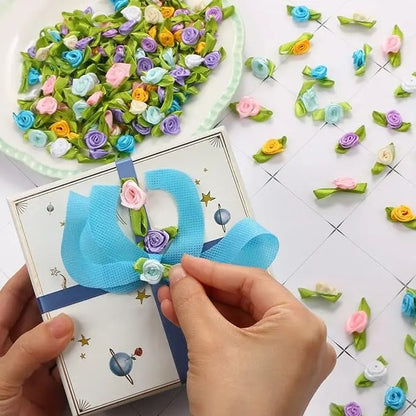 50/100PCS Mini Handmade Rose Flower Satin Ribbon Rosettes Fabric Appliques For DIY Wedding Decoration Craft Sewing Accessories