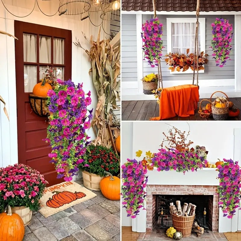 Collage of autumn decorations including flowers, pumpkins, and a fireplace.