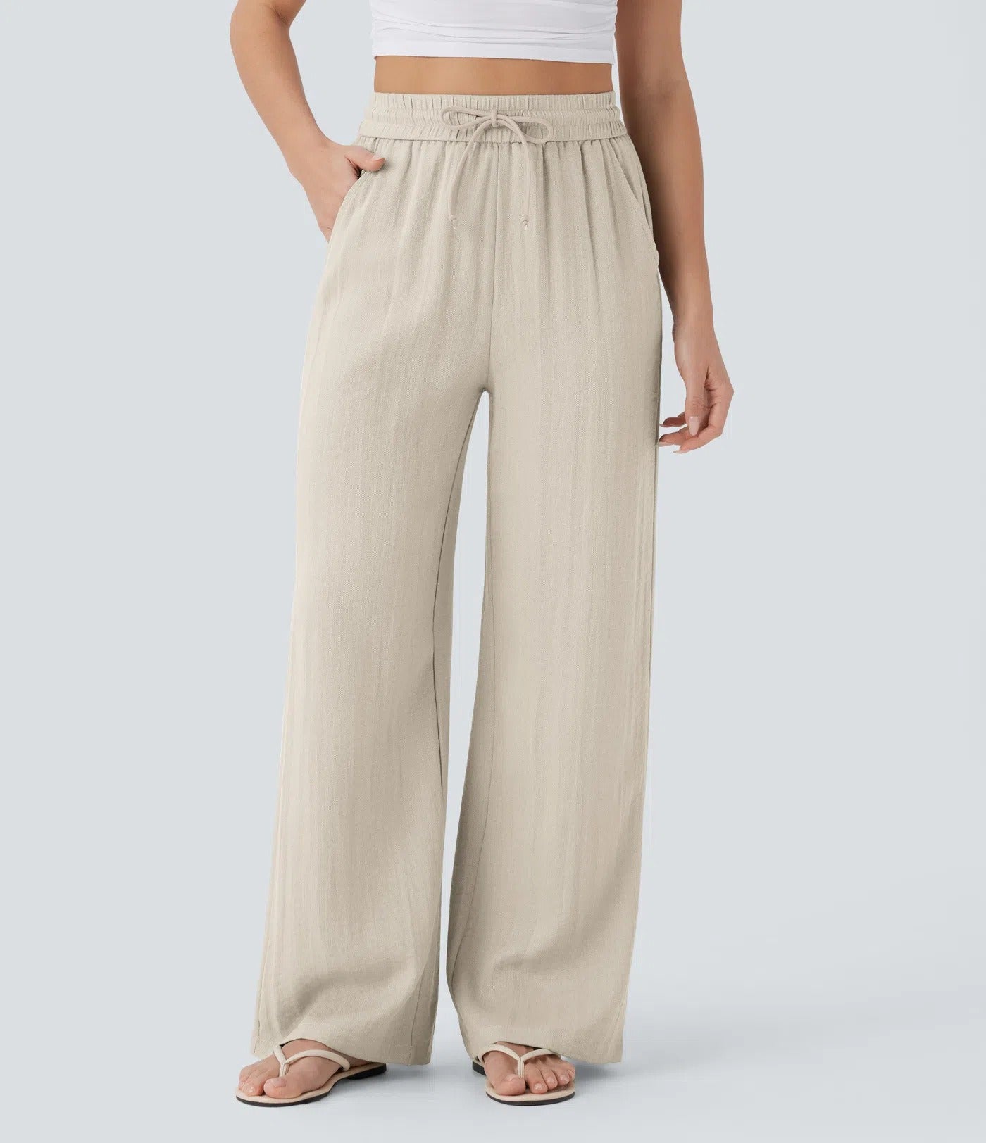 Halara High Waisted Drawstring Pocket Wide Leg Casual Linen-Feel Pants #SwimWeek