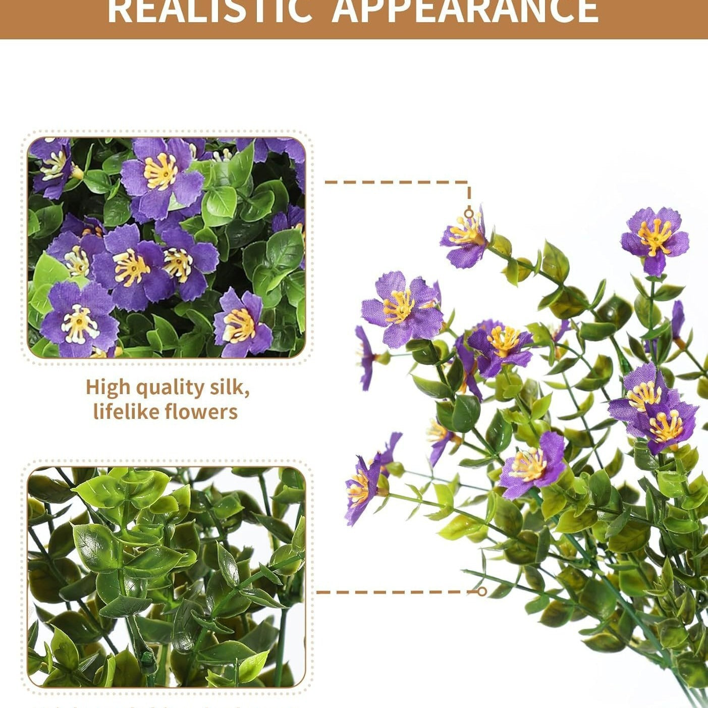 Artificial flowers with green leaves and purple flowers on a white background, labeled 'Realistic Appearance'.